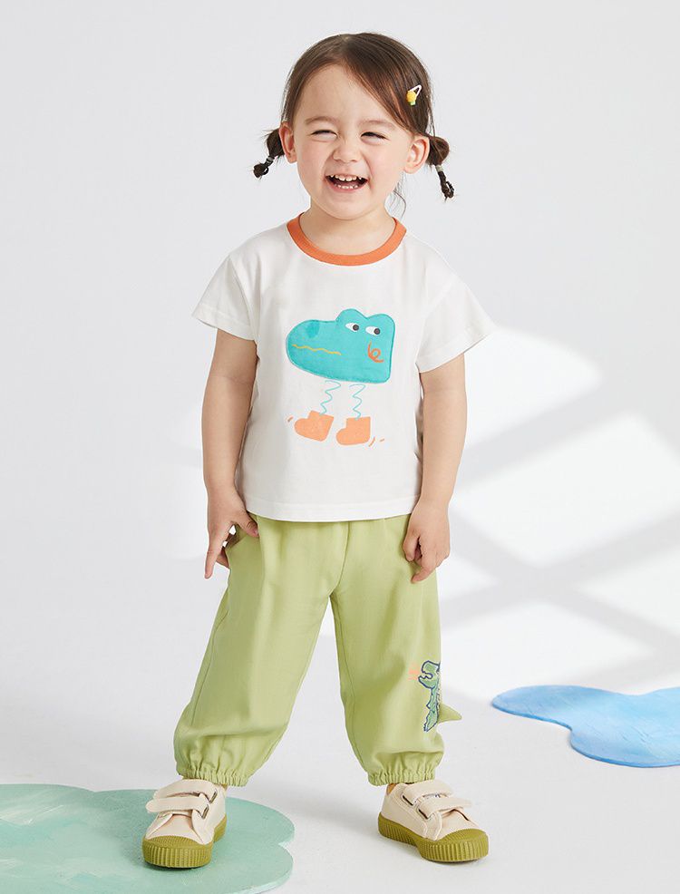 天絲棉腰鬆緊休閒防蚊褲/長褲-怒吼小恐龍-綠色