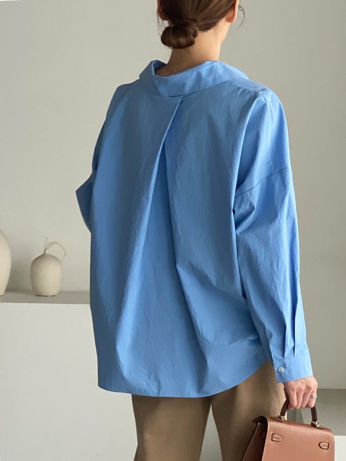 韓國女裝連線 - 知性背後抓褶翻領長袖襯衫-藍 (FREE)