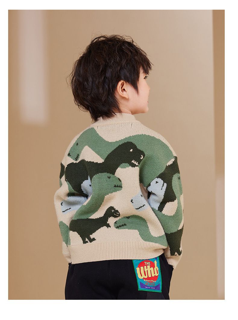 圓領保暖針織長袖上衣/毛衣-恐龍迷彩-綠色