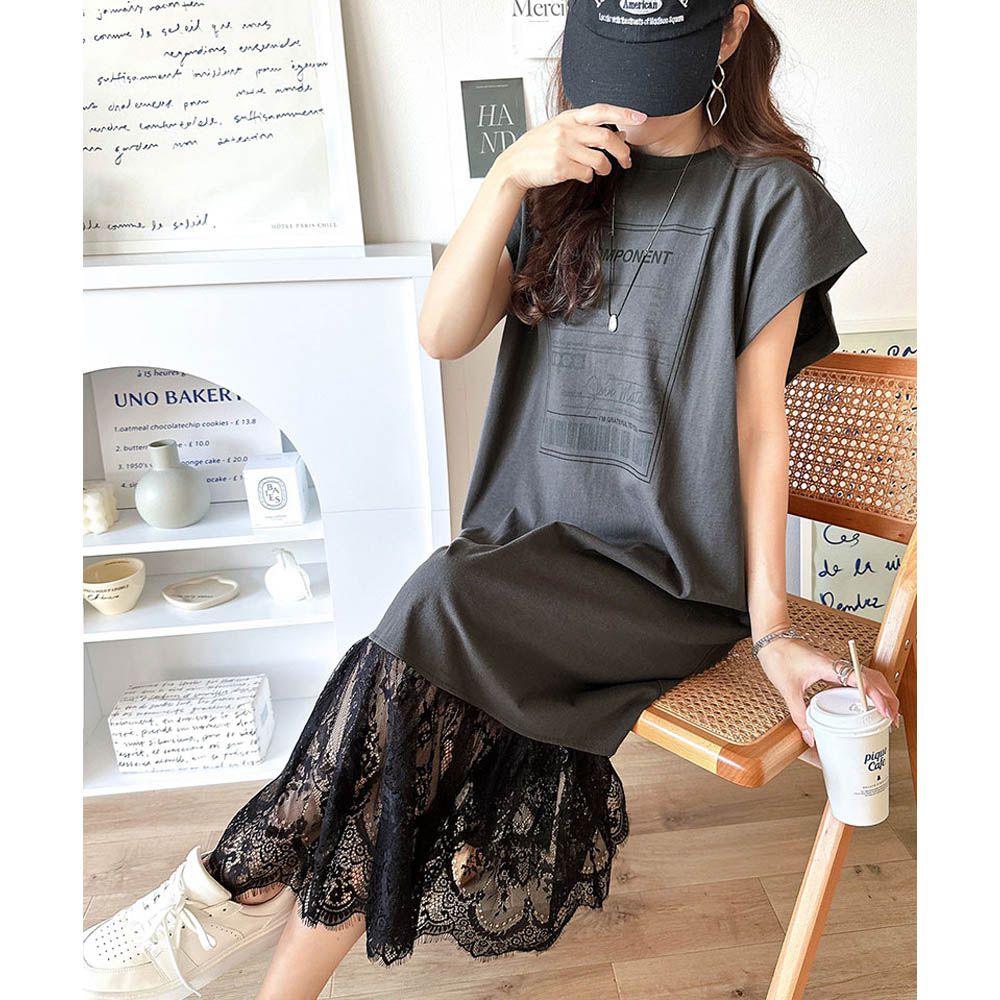 下擺蕾絲酷感印花法式袖洋裝-檢查表