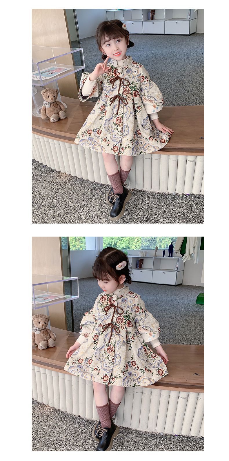 復古油畫風長版外套-花花-奶咖啡色