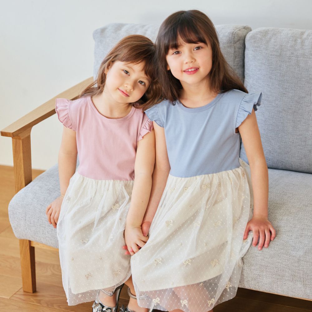 日本 evercloset - 荷葉袖蝴蝶結蕾絲刺繡洋裝-卡其