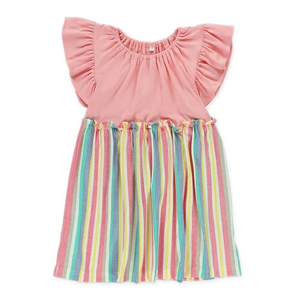 彩色條紋可愛荷葉短袖洋裝-粉紅