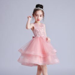 網紗無袖雙層蛋糕澎澎裙-亮片小花-粉色
