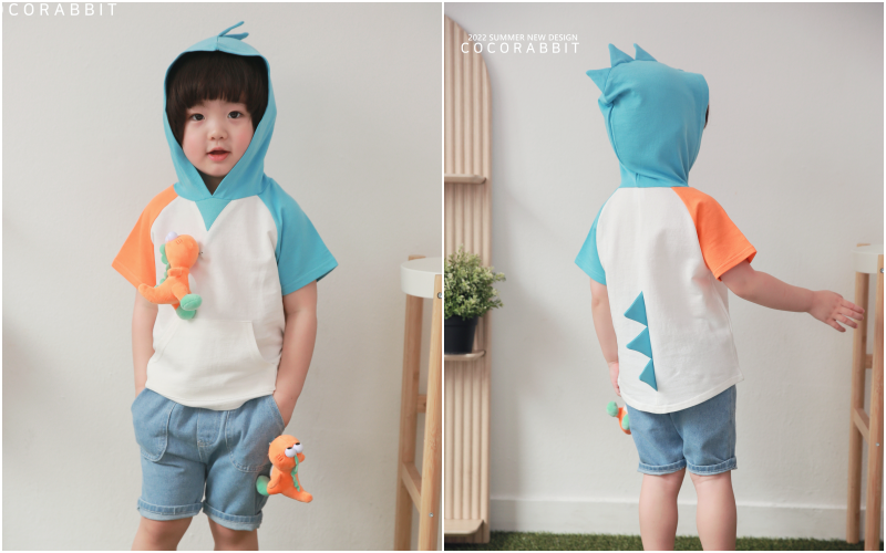 韓國 Coco rabbit - 恐龍娃娃撞色造型連帽T-綠X黃