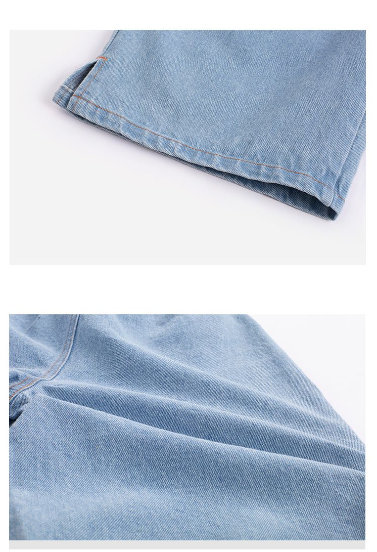 腰鬆緊牛仔七分寬褲-裝飾小標籤-淺藍色