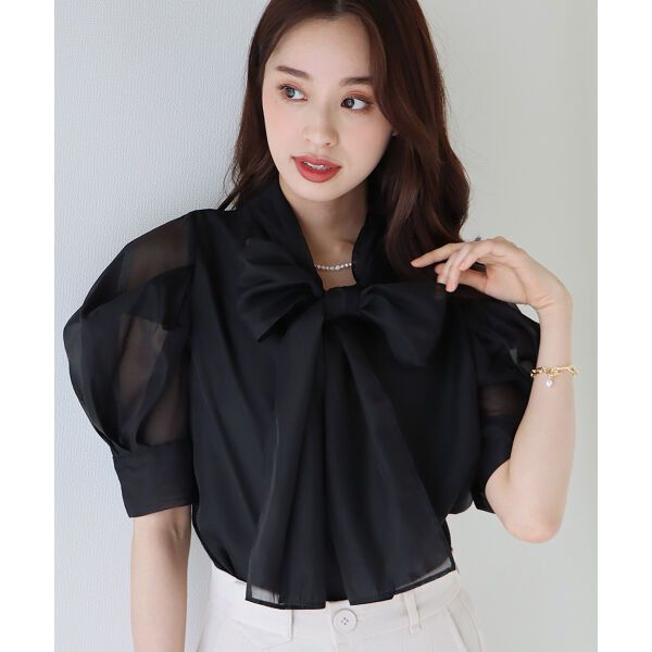 日本 BLUE EAST - 氣質薄紗蝴蝶結泡泡短袖上衣-白