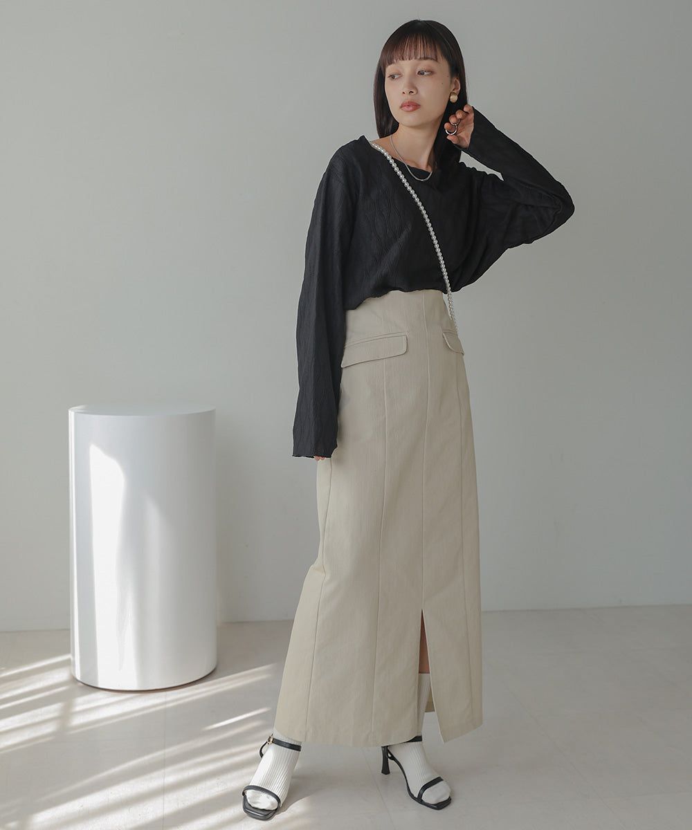 日本 Bab - 質感波紋薄長袖上衣-黑