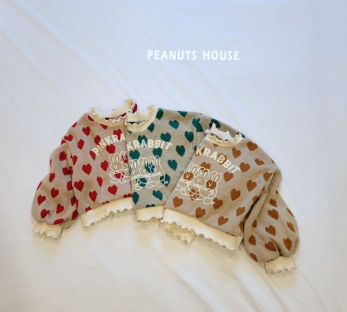 韓國 Peanuts House - 滿版愛心兔兔花領澎袖針織上衣-紅