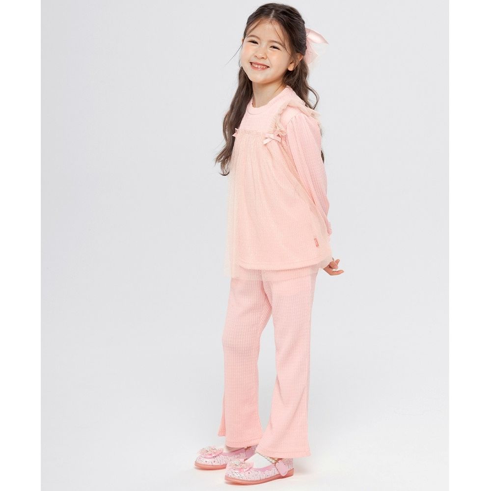 細閃蕾絲裝飾彈力皺褶感長袖套裝-粉