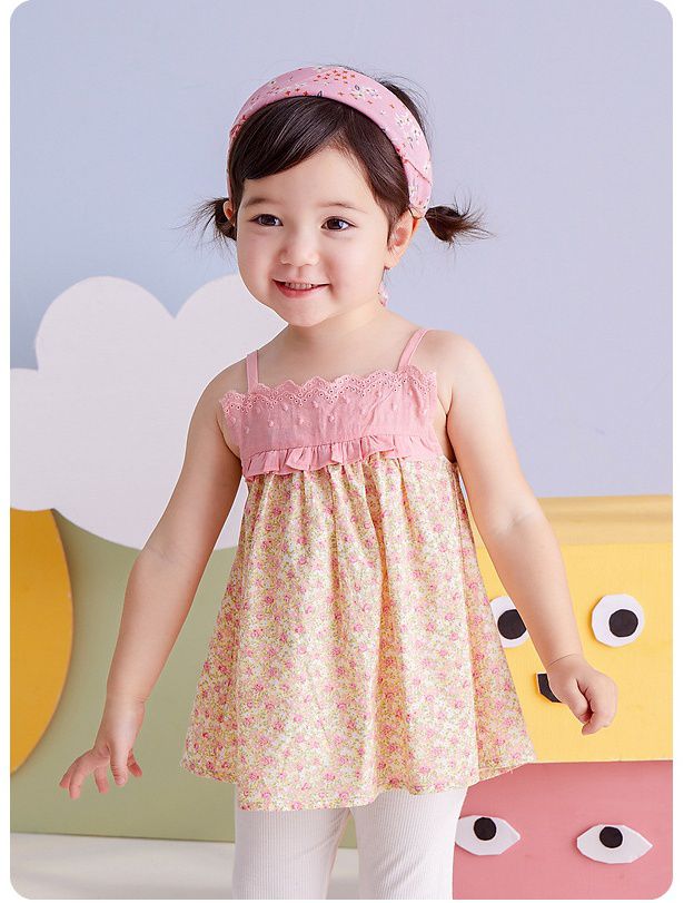 田園風純棉吊帶洋裝-碎花款-粉色