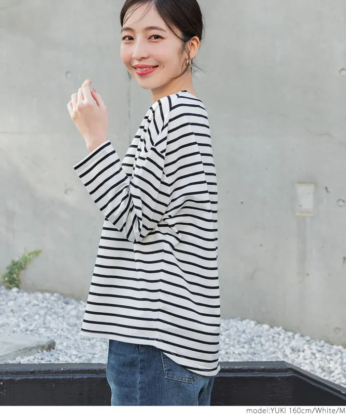 日本 COCA - [熱銷推薦] 百搭船領薄長袖上衣-條紋-灰x白