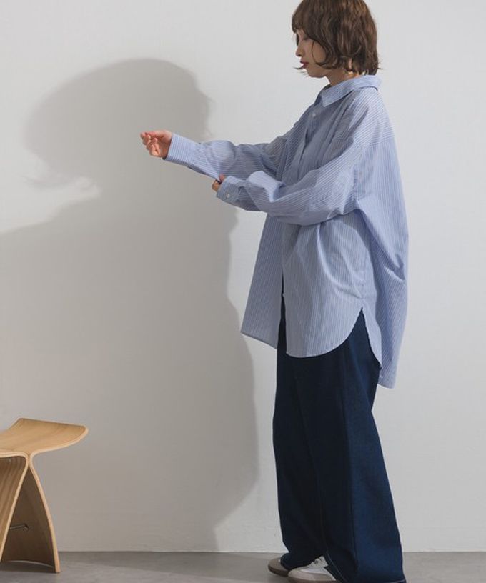 日本 ELENCARE DUE - 2way穿法俐落條紋寬版襯衫-卡其