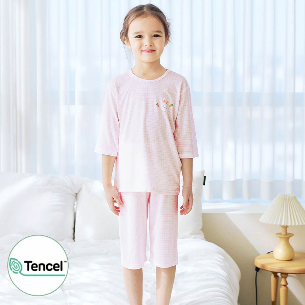 天絲莫代爾透氣七分袖家居服-粉格兔子