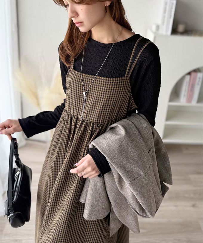 日本 Classical Elf - 成熟可愛感後綁帶吊帶洋裝-格子-咖啡