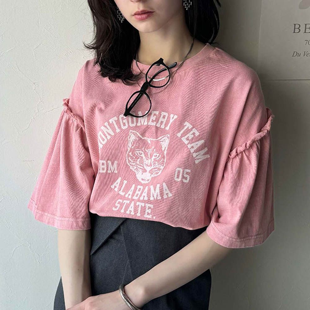 貓科酷印花寬大荷葉五分袖上衣-粉紅