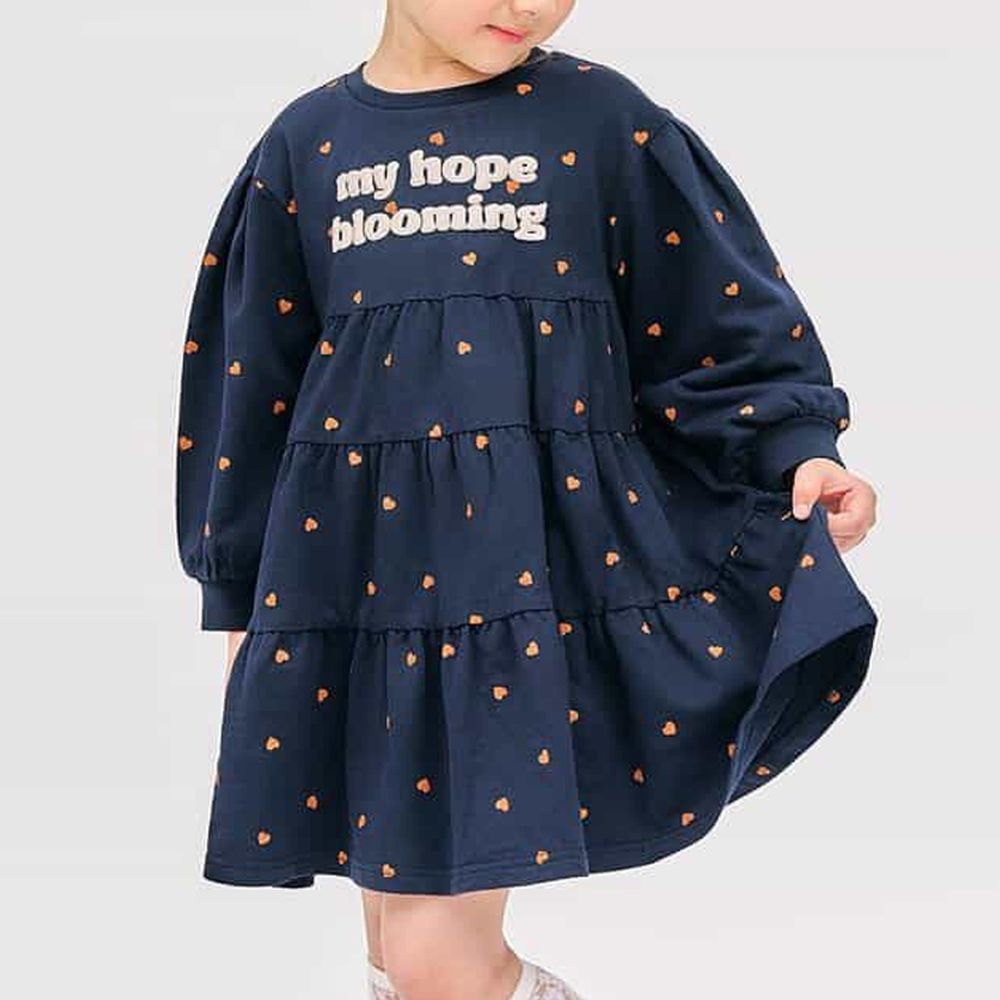 休閒風英文logo分層長袖洋裝-愛心-海軍藍