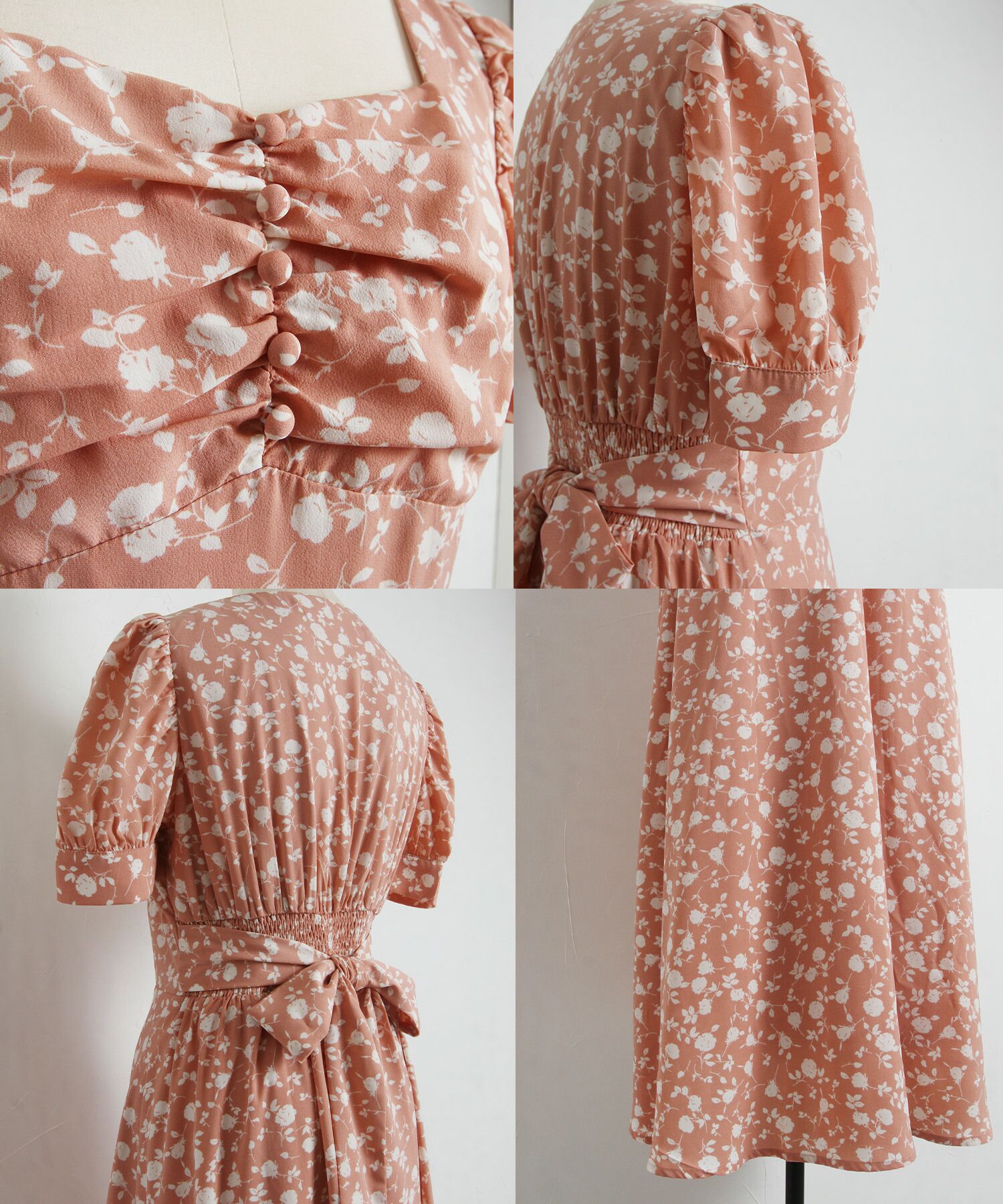 日本 tocco-closet - 愛心領泡泡袖雪紡洋裝-典雅玫瑰-鮭魚粉