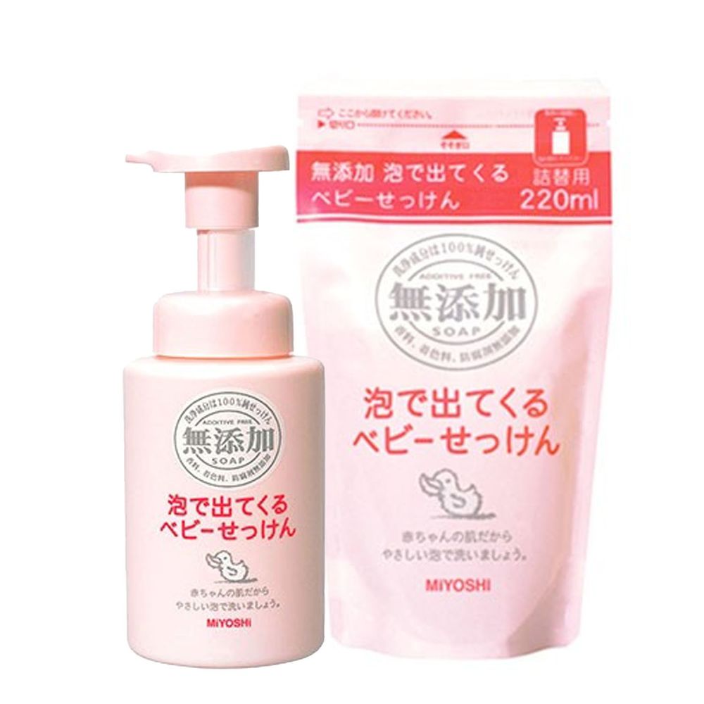 日本 MIYOSHI 無添加 - 嬰兒泡沫沐浴乳-1瓶+1補充包組-250ml+220ml*1