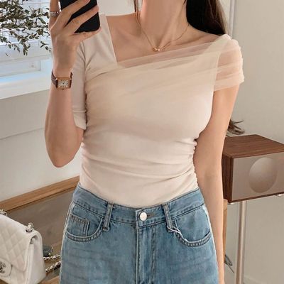 韓國女裝連線 - 單肩造型網紗裝飾袖上衣-象牙白 (FREE)
