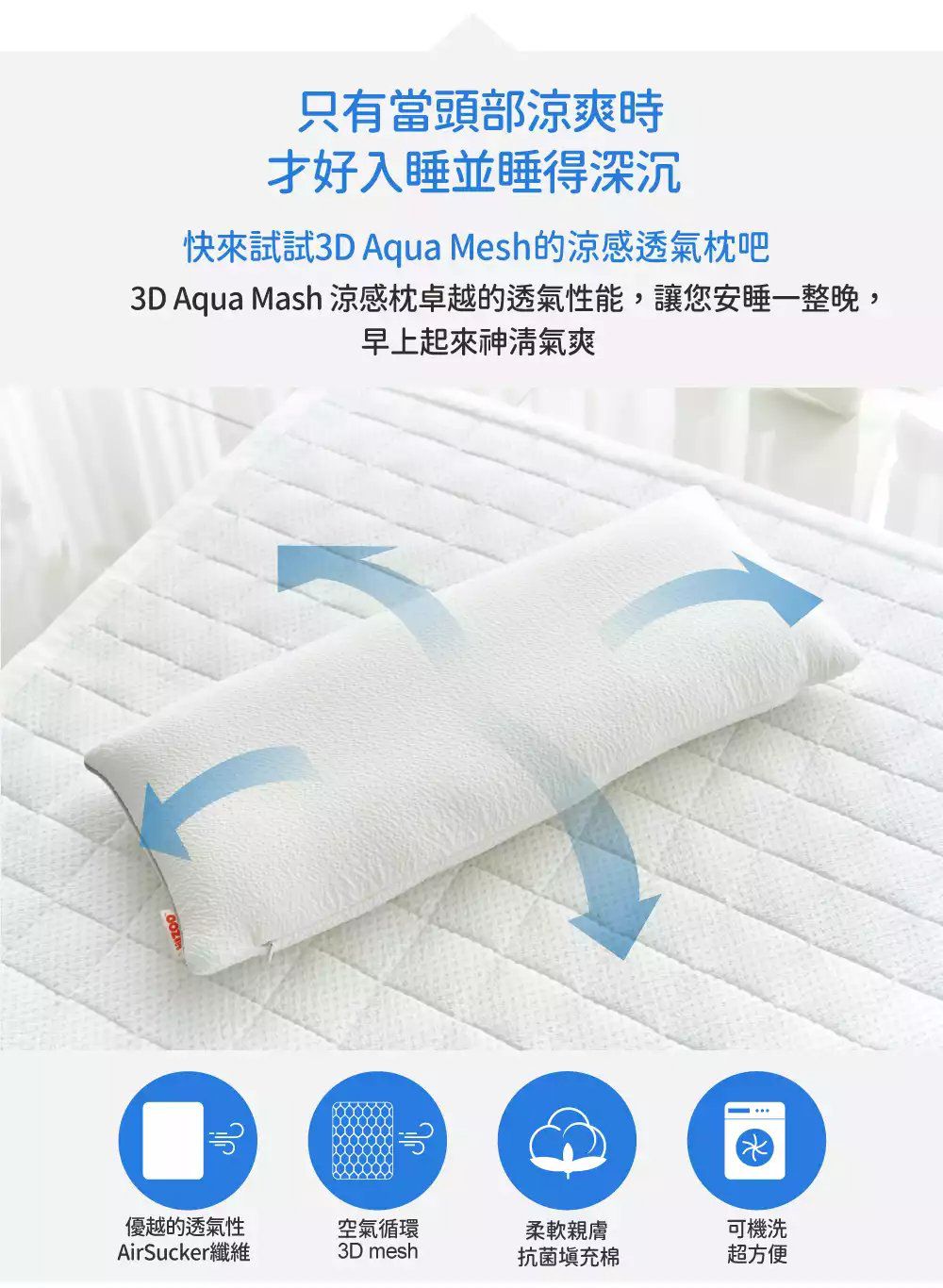 韓國 Hello HiZoo - 3D Aqua Mesh涼感加寬抗菌防蟎雙面枕 (30x70cm)