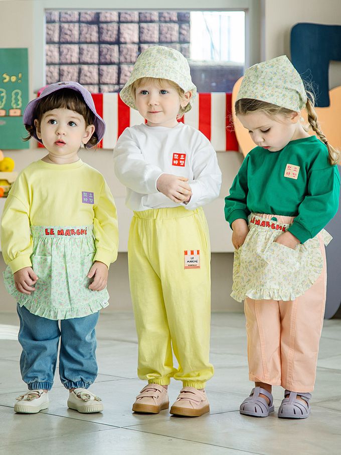 韓國 Pimpollo - 品牌布貼裝飾圓領長袖上衣-黃