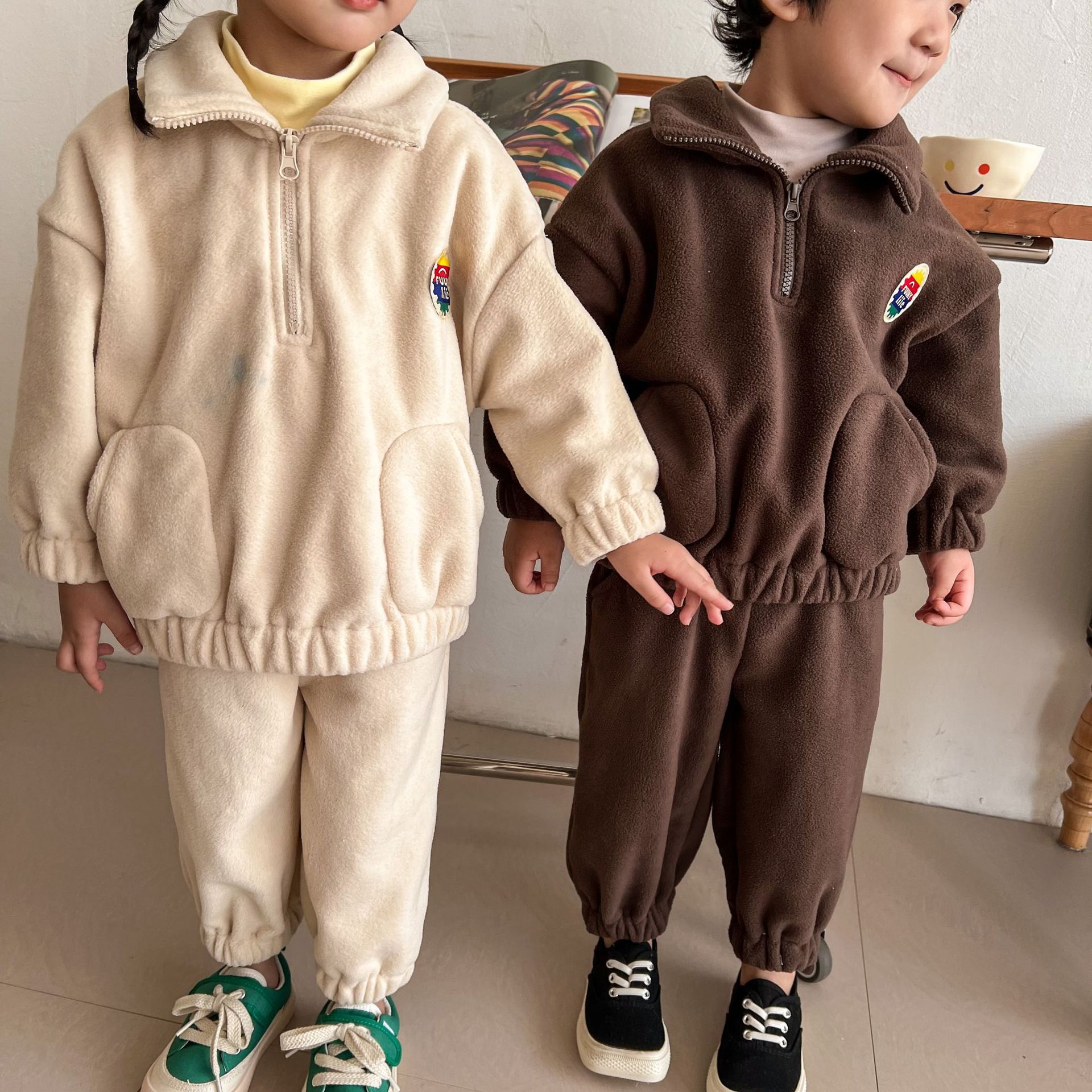 搖粒絨拉鍊休閒套裝-粉橘色