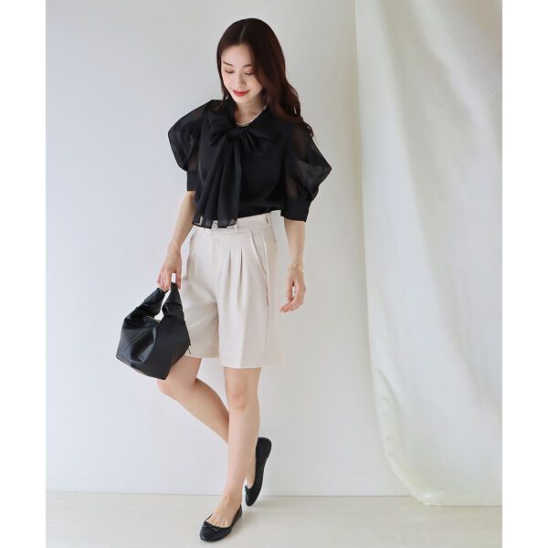 日本 BLUE EAST - 氣質薄紗蝴蝶結泡泡短袖上衣-白