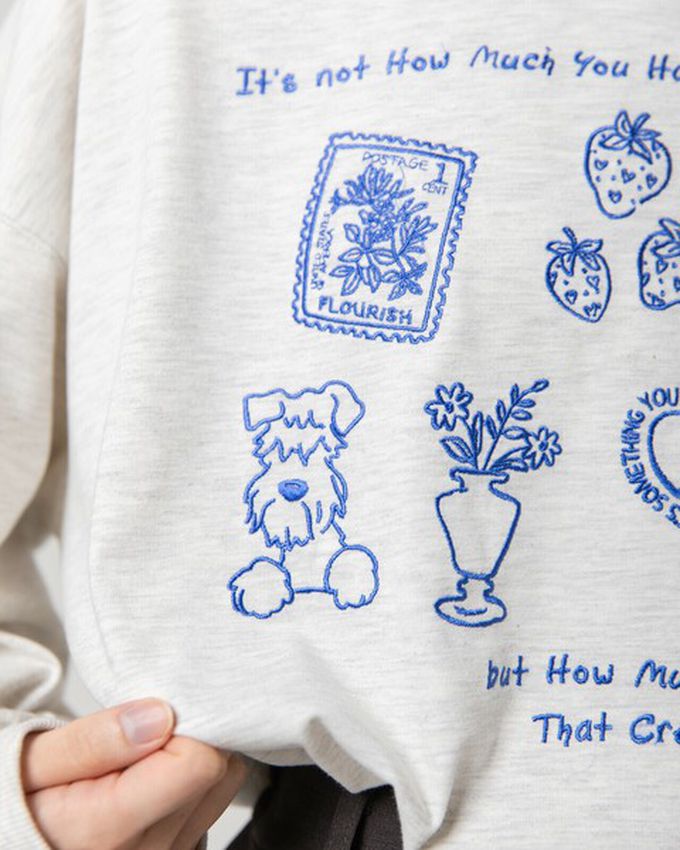 日本 gleam - 甜蜜刺繡印花休閒寬版長袖T恤-黑