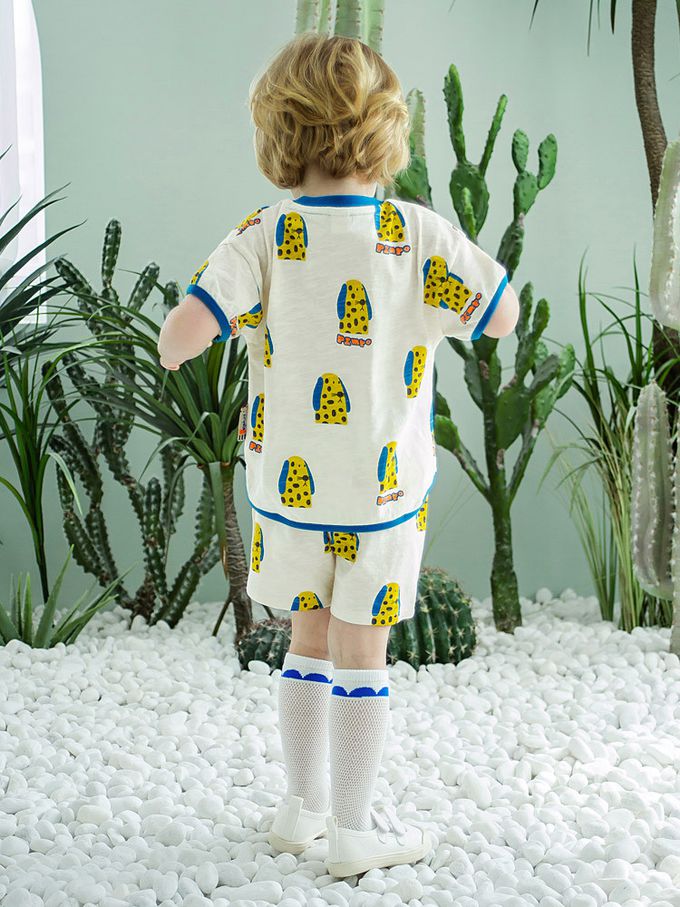 韓國 Pimpollo - 長耳斑點狗狗印短袖套裝-藍X磚紅