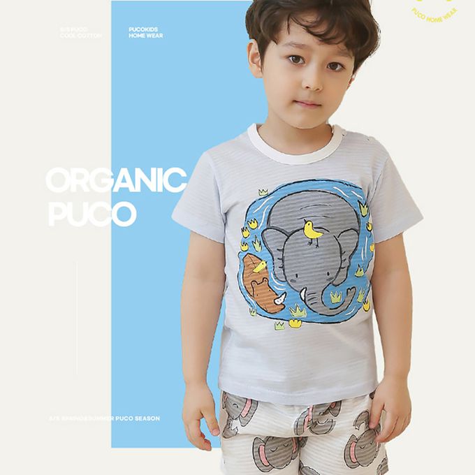 正韓 Puco - 超優質嬰幼兒/兒童短袖100% 有機棉家居服/睡衣-大象消暑