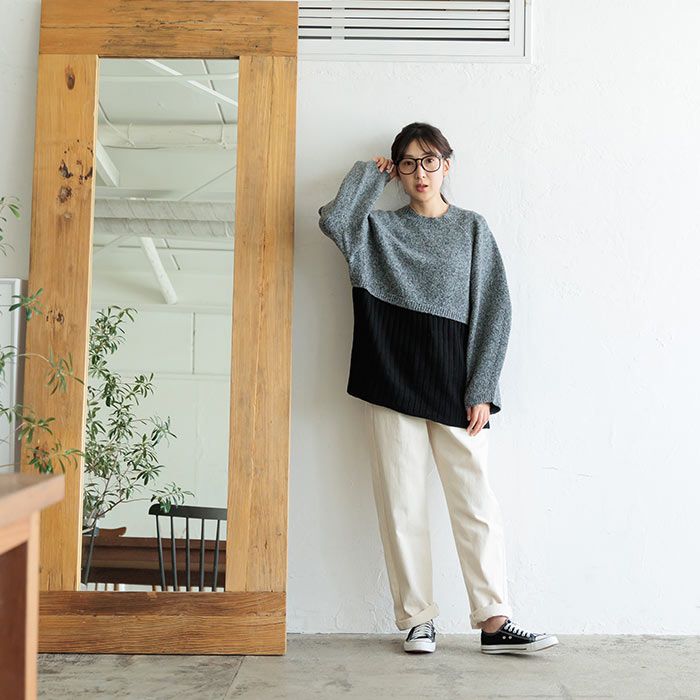 日本 ihuu - [熱銷款] 針織拼接後綁帶氣球袖毛衣-淺灰
