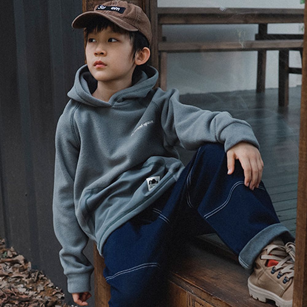 撞色車線搖粒絨長袖連帽上衣-灰綠