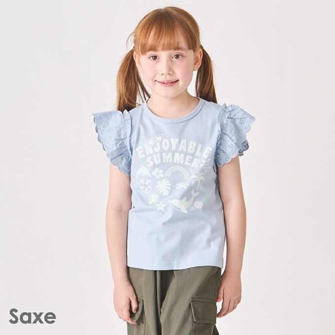 日本 evercloset - 100%棉 蕾絲荷葉邊印花短袖上衣-粉紅