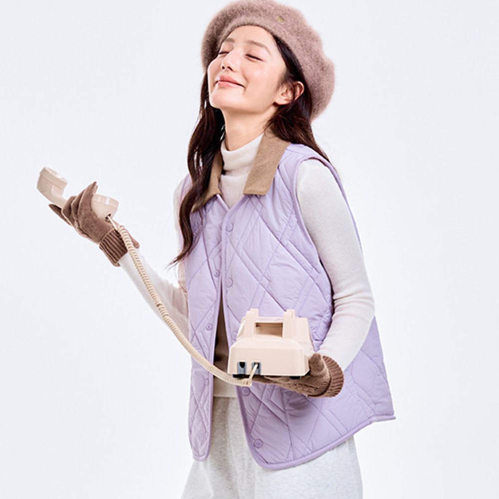 輕暖 2WAY可拆式翻領 羊毛鋪棉絎縫背心-男女同款-紫羅蘭