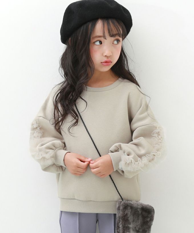 日本 devirock - 薄紗皺摺燈籠長袖裏毛上衣-水藍