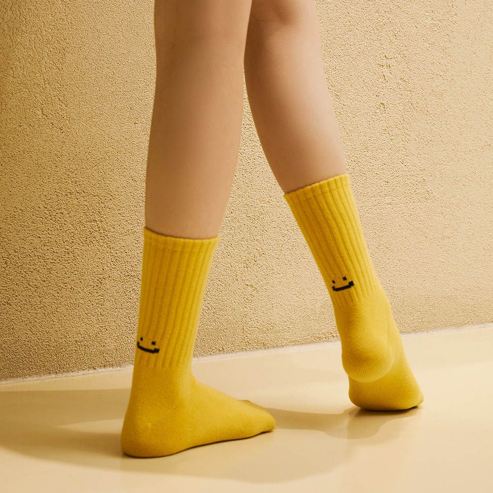 韓製彈力好穿中筒襪-笑臉-黃 (Free[230~270mm])-1雙