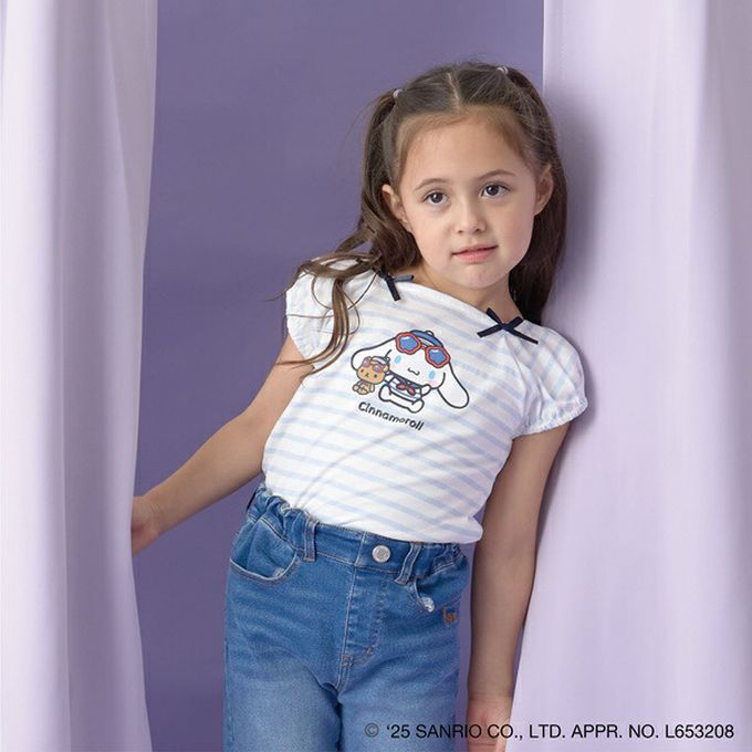 日本 Lycee mine - 100%棉 海洋風法式澎袖上衣-卡通人物大耳狗-黑白條紋