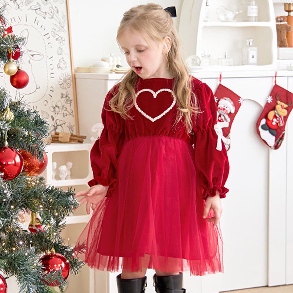 韓國 WALTON kids - 優雅紅絲絨裝飾袖蕾絲洋裝-酒紅