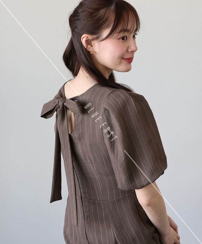 日本 BLUE EAST - 優雅方領後綁帶泡泡袖魚尾洋裝-波點-咖啡 (M)