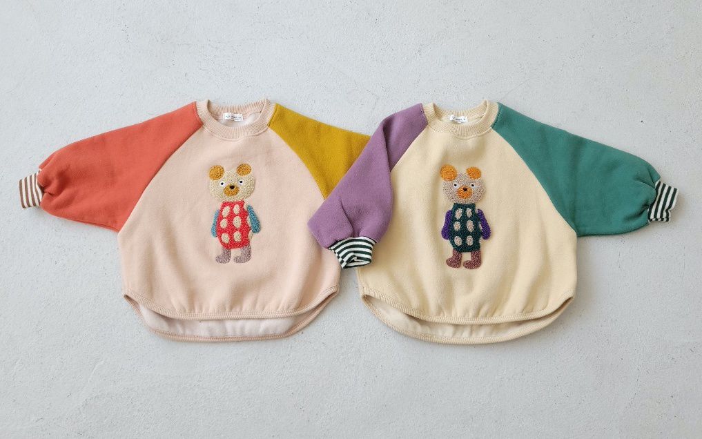 韓國 Mimico - (裏起毛)立體熊熊拼接色T-橘X黃