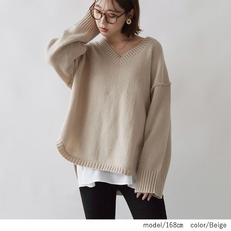 日本 Rejoule - V領落肩前短後長寬鬆針織毛衣-紫 (M(Free size))