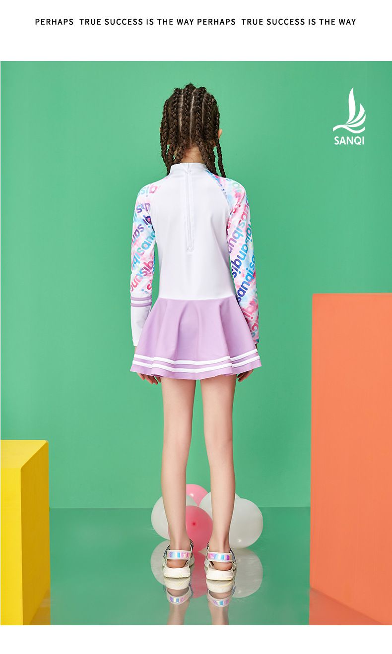 女寶運動風長袖連身裙泳衣-數字37-紫+白