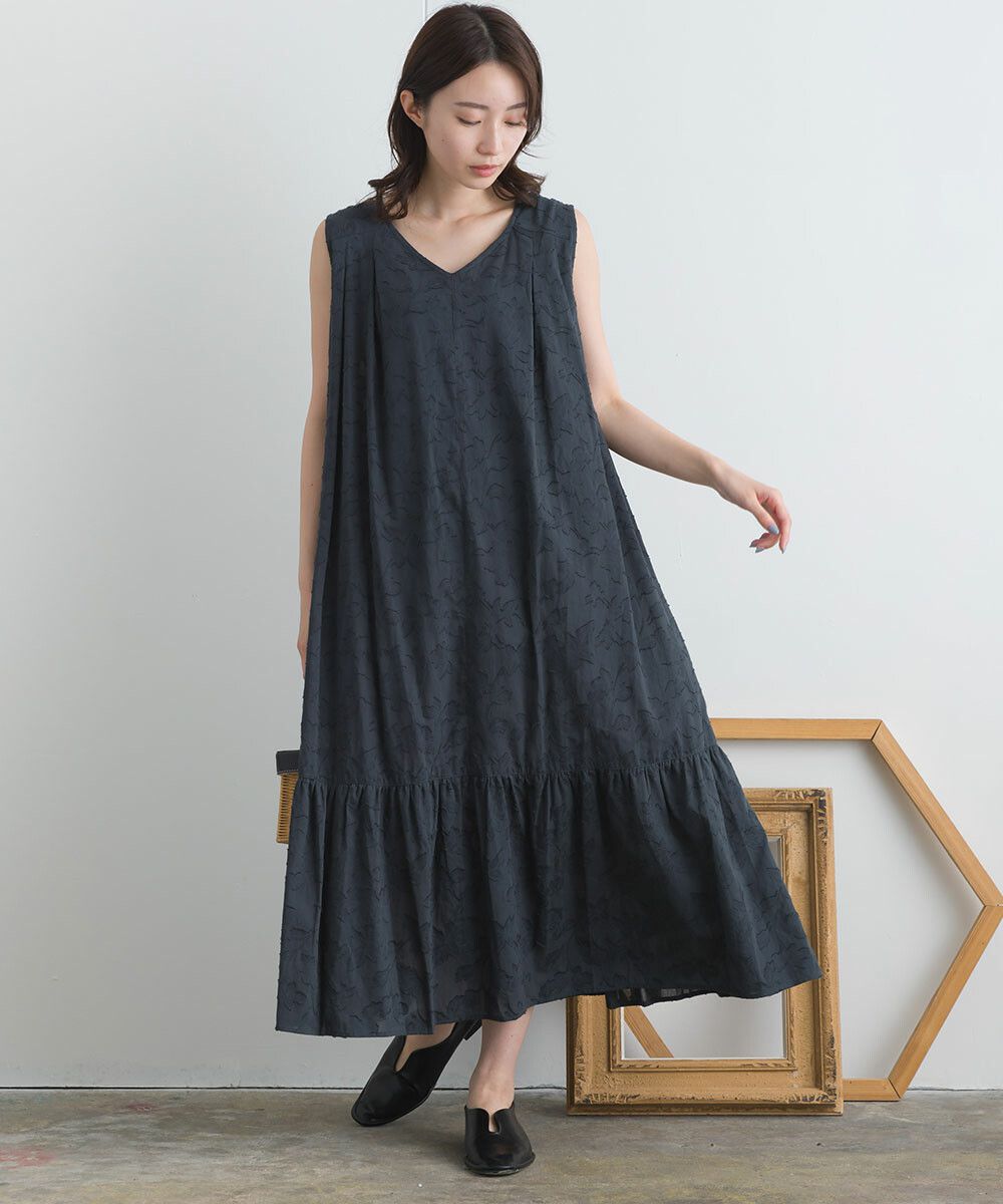 日本女裝代購 - 純棉緹花柔軟無袖洋裝-芥末黃