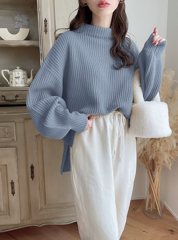 日本 GRL - 優雅酒瓶領澎澎袖針織毛衣-咖啡 (F)