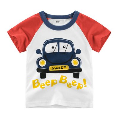 27KIDS - 純棉短袖上衣-金龜車-米白+紅