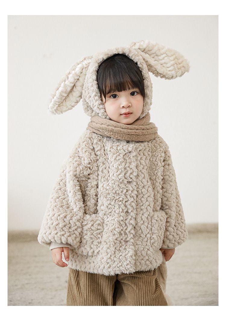 TONGMO - 立體造型毛絨保暖連帽外套-兔耳朵-粉色