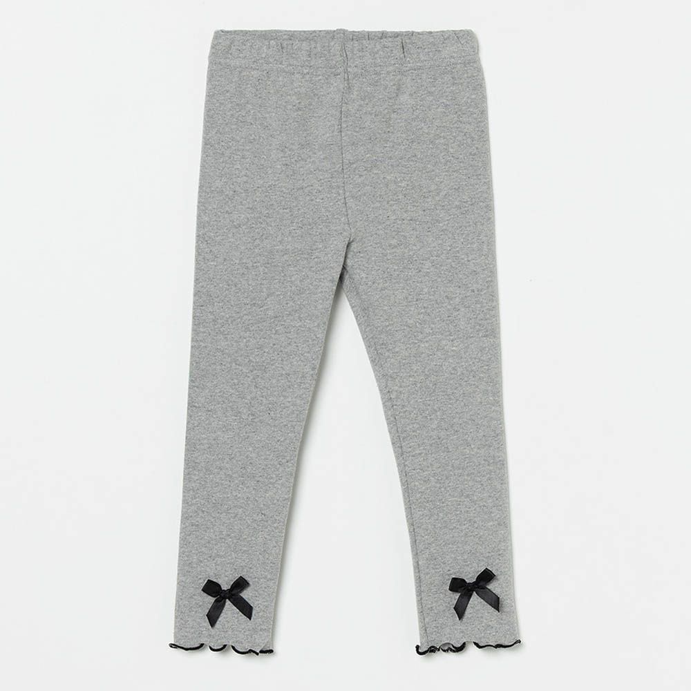 鬆緊腰木耳邊彈力內搭褲-蝴蝶結-灰