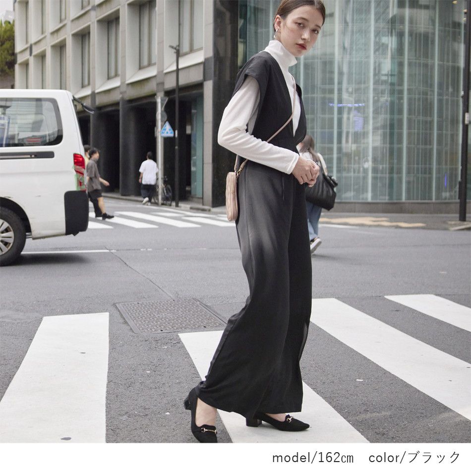 日本 Rejoule - 時尚落肩收腰吊帶褲-優雅黑