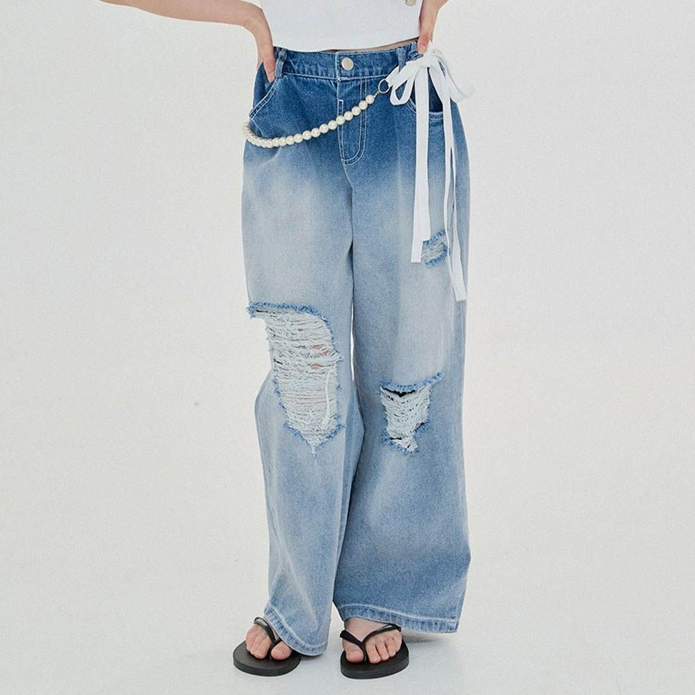 後鬆緊腰漸層染破壞感牛仔褲